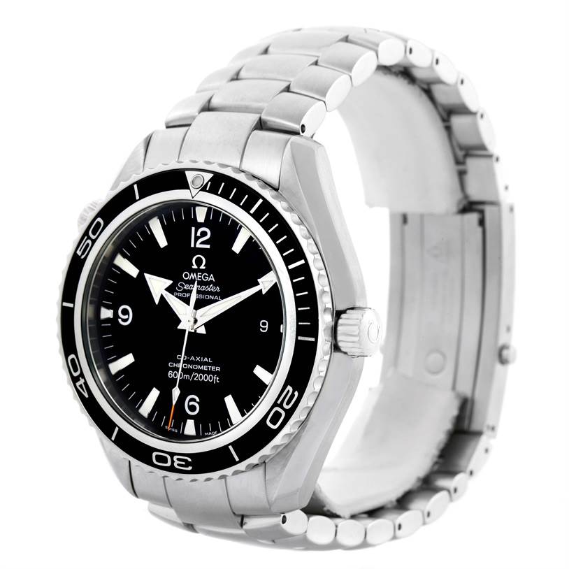 This image shows the Omega Planet Ocean 2200.50.00 Men
s Stainless Steel Black Dial 2200.50.00 Men
s Stainless Steel Black Dial watch at a slight angle, showcasing its face, bezel, crown, and bracelet.