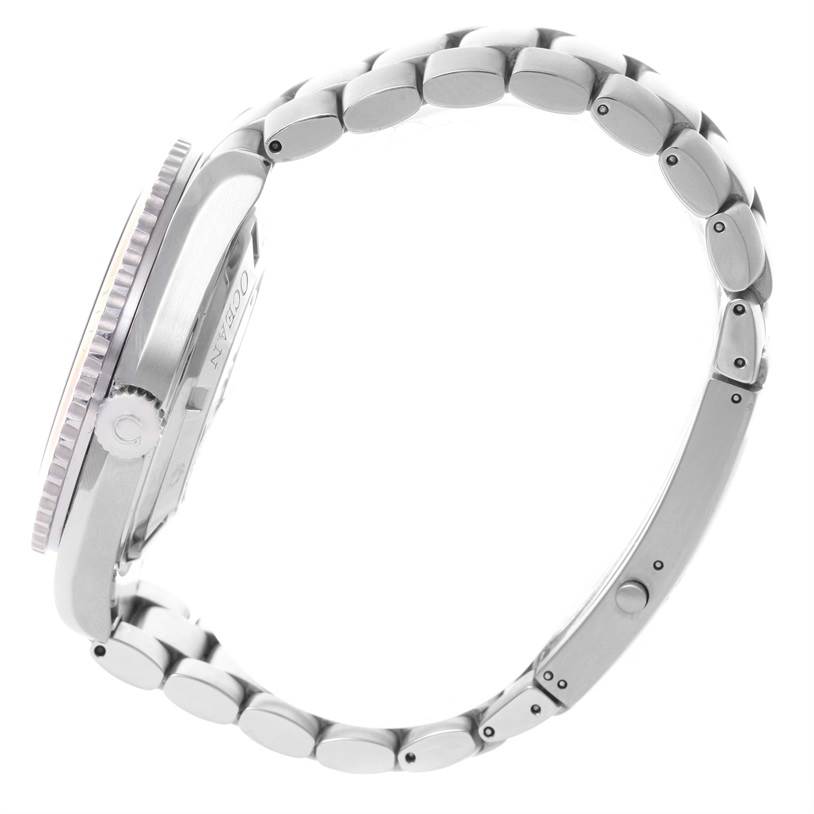 This image shows the side profile of an Omega Planet Ocean 2208.50.00 Men
s Stainless Steel Black Dial 2208.50.00 Men
s Stainless Steel Black Dial watch, highlighting the bezel, crown, and metal bracelet.