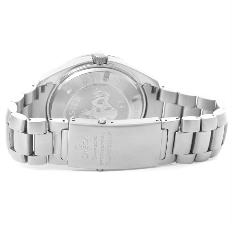 The image shows the back view of the Omega Planet Ocean 2208.50.00 Men
s Stainless Steel Black Dial 2208.50.00 Men
s Stainless Steel Black Dial watch, highlighting the case back and bracelet with the clasp open.