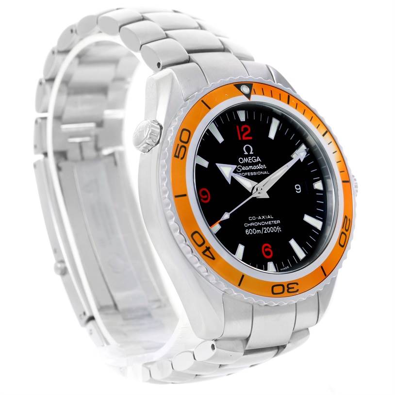 The Omega Planet Ocean 2208.50.00 Men
s Stainless Steel Black Dial 2208.50.00 Men
s Stainless Steel Black Dial watch is shown at a slight side angle, highlighting its orange bezel, black dial, and stainless steel bracelet.