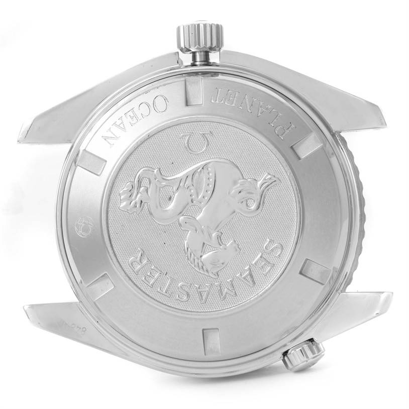 This image shows the case back and crown of the Omega Planet Ocean 2208.50.00 Men
s Stainless Steel Black Dial 2208.50.00 Men
s Stainless Steel Black Dial watch from an overhead angle.