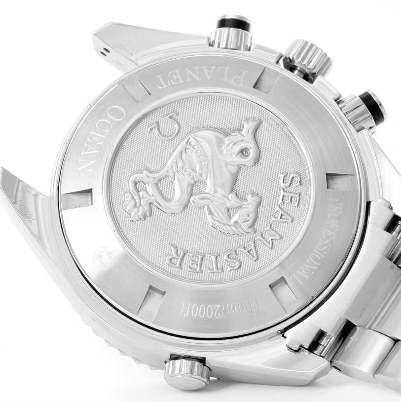 This image shows the back of the Omega Planet Ocean 2210.51.00 Men
s Stainless Steel Black Dial 2210.51.00 Men
s Stainless Steel Black Dial Seamaster watch.