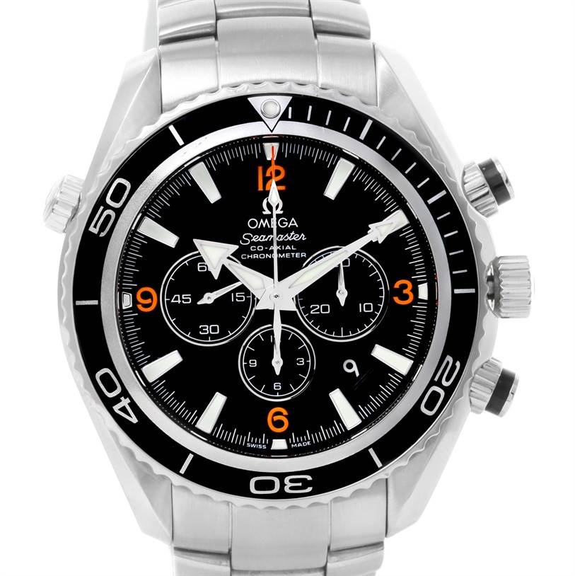 The image shows the front view of an Omega Planet Ocean 2210.51.00 Men
s Stainless Steel Black Dial 2210.51.00 Men
s Stainless Steel Black Dial watch with a stainless steel band and chronograph dials.