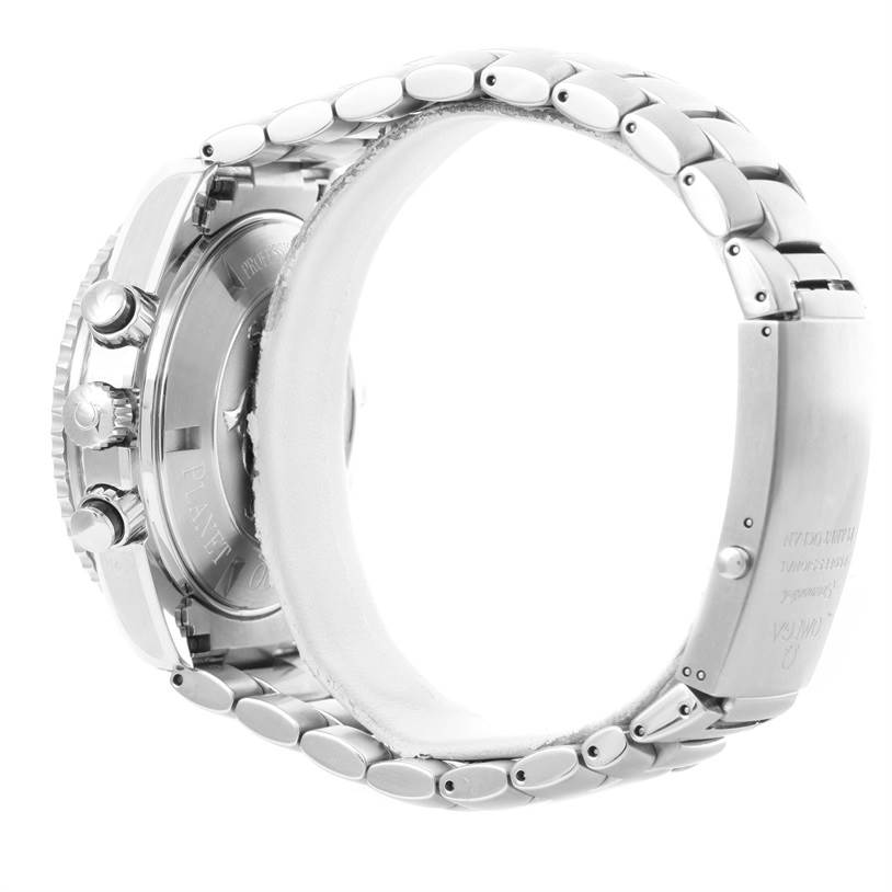 The image shows a side view of the Omega Planet Ocean 2210.51.00 Men
s Stainless Steel Black Dial 2210.51.00 Men
s Stainless Steel Black Dial watch, highlighting its metal bracelet, clasp, and case back with visible pushers.