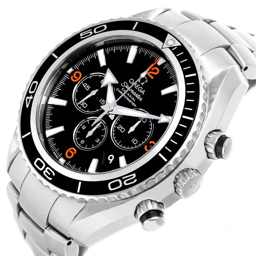 This image shows a Planet Ocean model by Omega from an angled view, highlighting the bezel, crown, and chronograph subdials.