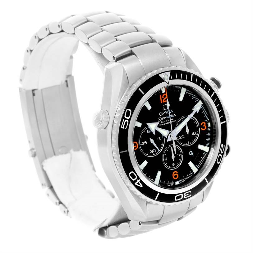 The Omega Planet Ocean 2210.51.00 Men
s Stainless Steel Black Dial 2210.51.00 Men
s Stainless Steel Black Dial watch is shown at a 3/4 angle, highlighting the bezel, dial, and metal bracelet.