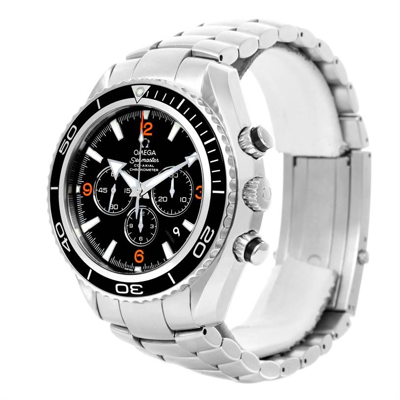 The image shows an Omega Planet Ocean 2210.51.00 Men
s Stainless Steel Black Dial 2210.51.00 Men
s Stainless Steel Black Dial watch from a front-side angle, highlighting the face, crown, pushers, and metal strap.