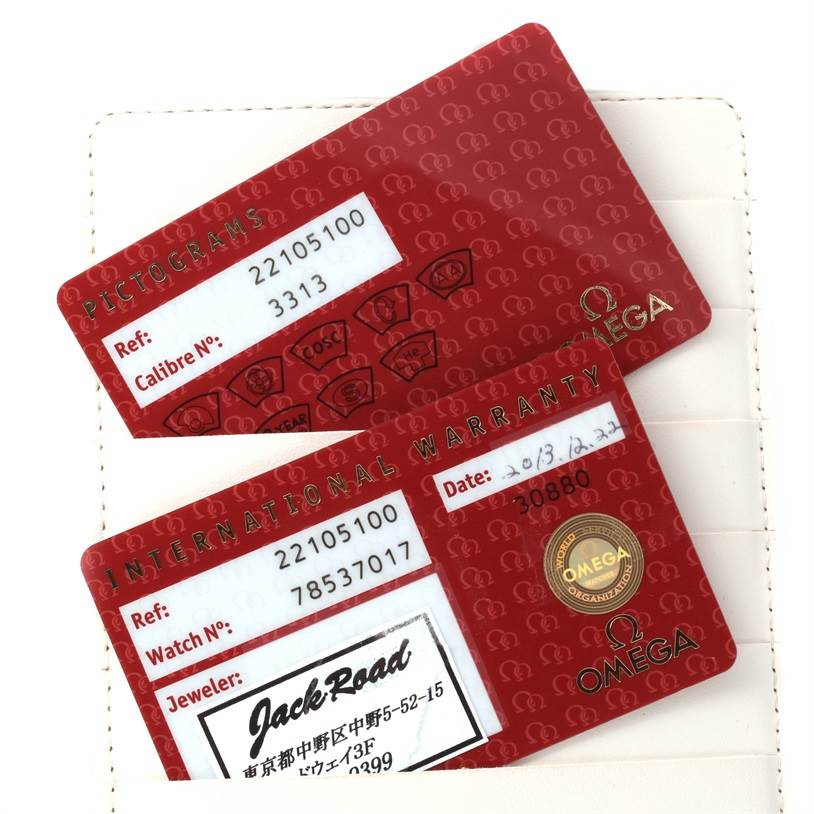 The image shows two red Omega Planet Ocean 2210.51.00 Men
s Stainless Steel Black Dial 2210.51.00 Men
s Stainless Steel Black Dial model cards: a pictogram card and an international warranty card, with some details visible.