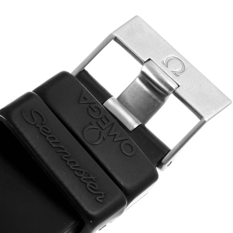 The image shows a close-up of the buckle of an Omega Planet Ocean 2901.50.91 Men
s Stainless Steel Black Dial 2901.50.91 Men
s Stainless Steel Black Dial Seamaster watch strap.