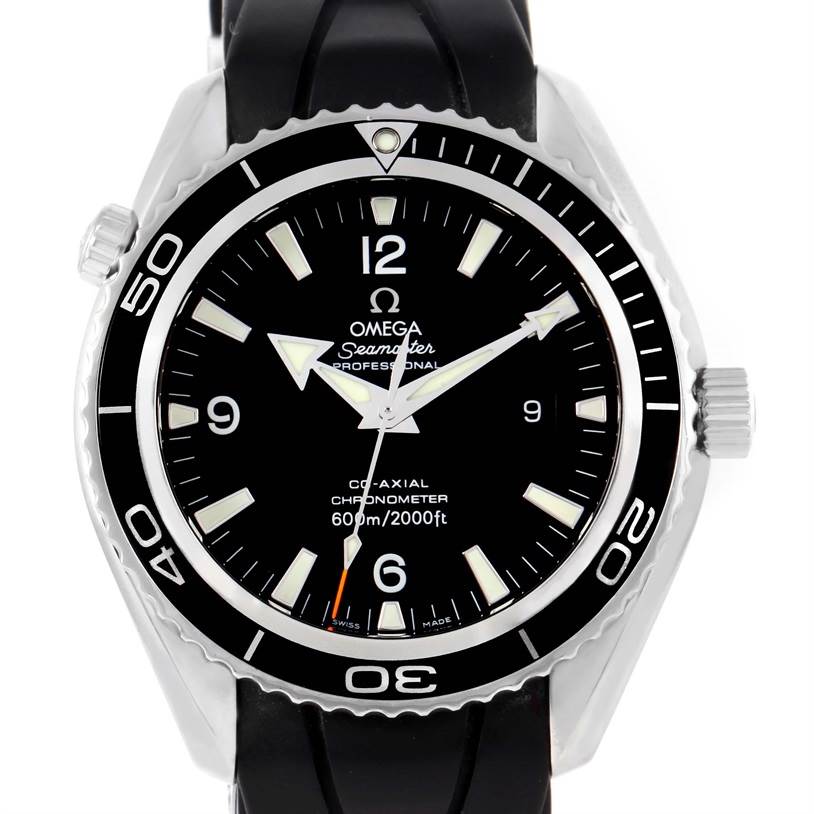This image shows a front view of the Omega Seamaster Planet Ocean watch, highlighting the dial, bezel, and crown.