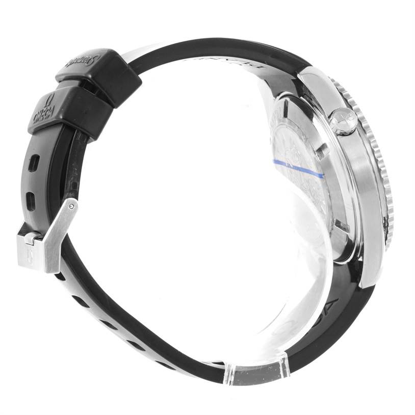 The image shows a side view of an Omega Planet Ocean 2901.50.91 Men
s Stainless Steel Black Dial 2901.50.91 Men
s Stainless Steel Black Dial model watch featuring its strap, buckle, and watch case.