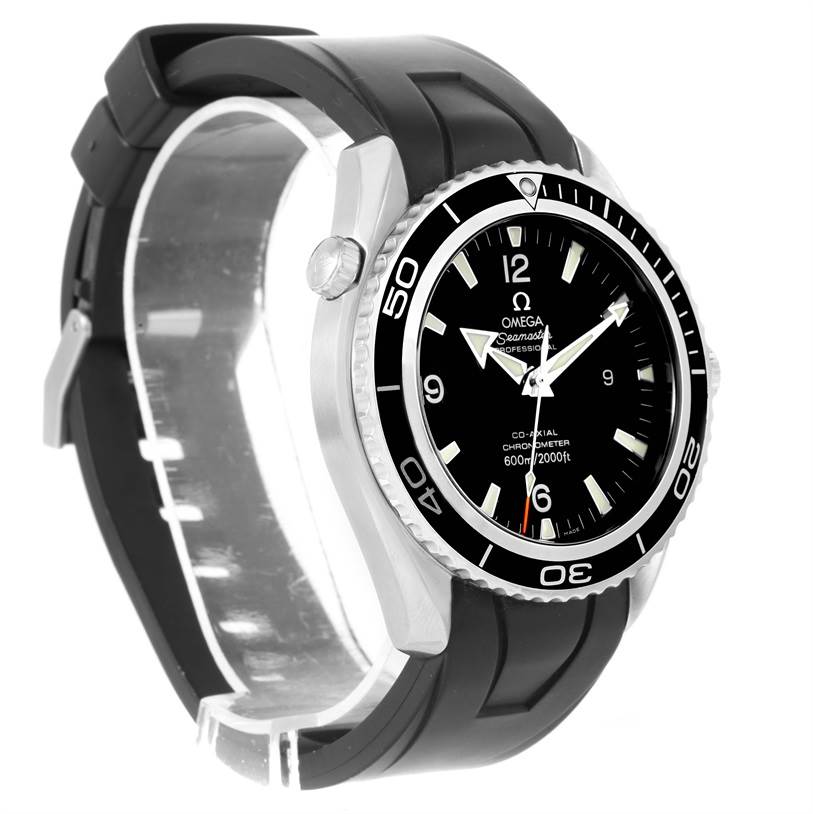 The image shows an Omega Planet Ocean 2901.50.91 Men
s Stainless Steel Black Dial 2901.50.91 Men
s Stainless Steel Black Dial watch at a slight side angle, displaying the face, bezel, crown, and part of the black strap.