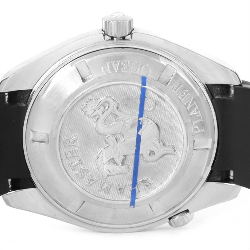 This image shows the back case and crown of an Omega Planet Ocean 2901.50.91 Men
s Stainless Steel Black Dial 2901.50.91 Men
s Stainless Steel Black Dial watch, featuring a seamaster engraving and strap attachment.