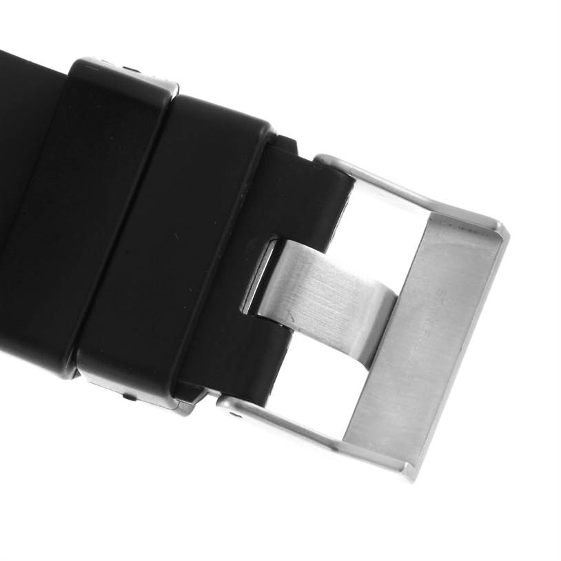 This image shows the buckle and strap of the Omega Planet Ocean 2901.50.91 Men
s Stainless Steel Black Dial 2901.50.91 Men
s Stainless Steel Black Dial watch from a close-up angle.