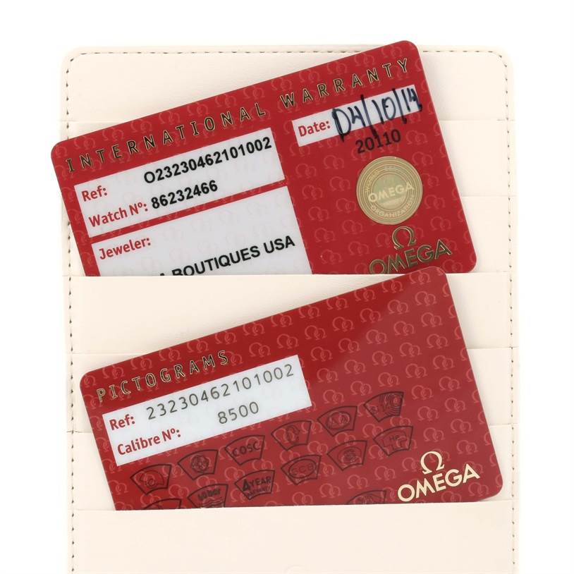 The image shows the International Warranty and Pictograms cards for the Omega Planet Ocean 232.30.46.21.01.002 Men's Stainless Steel Black Dial 232.30.46.21.01.002 Men's Stainless Steel Black Dial model.