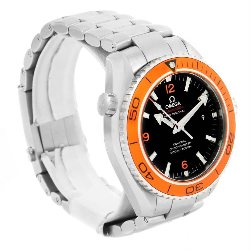 The image shows an angled side view of the Omega Planet Ocean 232.30.46.21.01.002 Men's Stainless Steel Black Dial 232.30.46.21.01.002 Men's Stainless Steel Black Dial watch, highlighting its bezel, dial, crown, and bracelet.