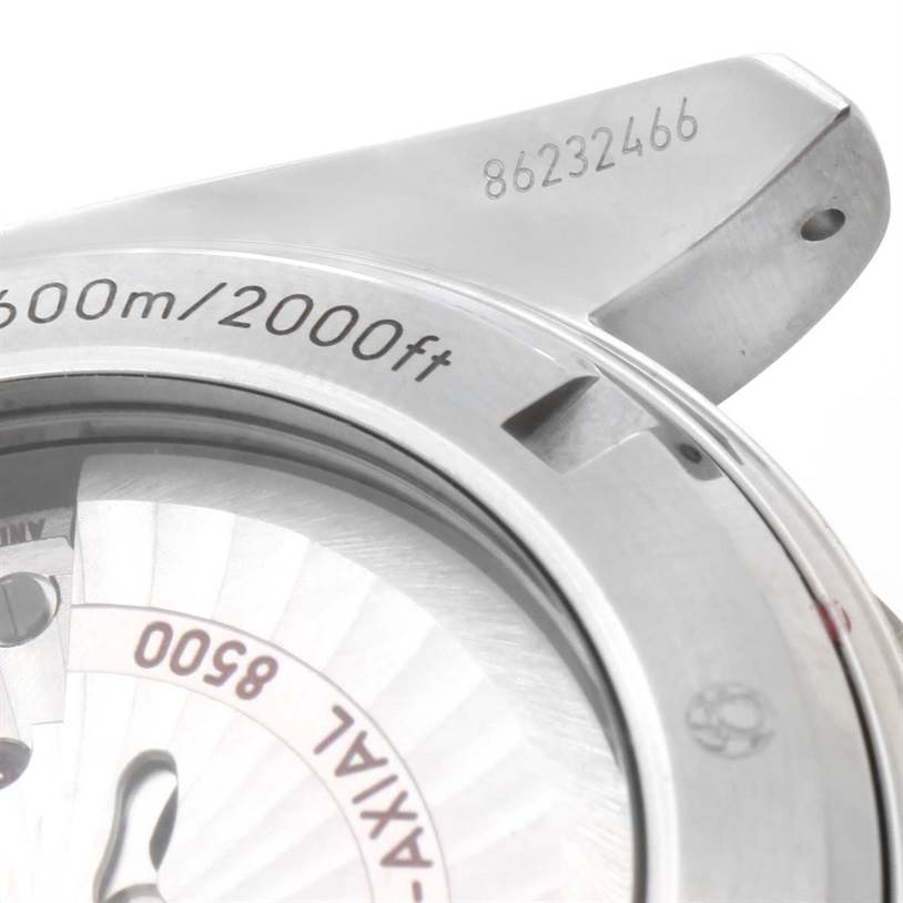 This is a close-up of the Omega Planet Ocean 232.30.46.21.01.002 Men's Stainless Steel Black Dial 232.30.46.21.01.002 Men's Stainless Steel Black Dial's case back, showcasing its depth rating and movement details.