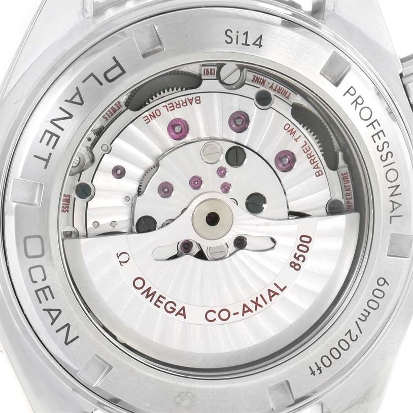 The image shows the case back and movement of the Omega Planet Ocean 232.30.46.21.01.002 Men's Stainless Steel Black Dial 232.30.46.21.01.002 Men's Stainless Steel Black Dial watch, highlighting the Co-Axial 8500 caliber.