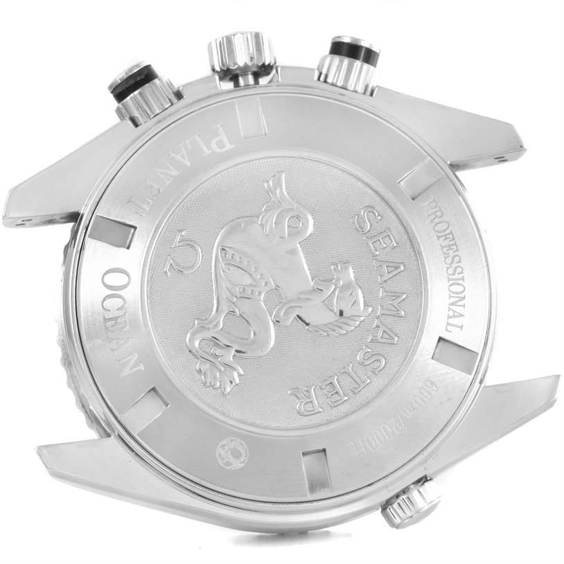 The image shows the case back and crown of the Omega Planet Ocean 2210.51.00 Men
s Stainless Steel Black Dial 2210.51.00 Men
s Stainless Steel Black Dial Seamaster watch.