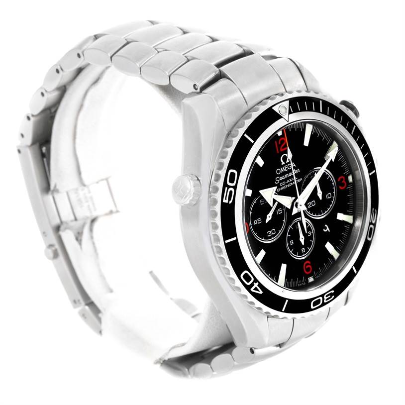 The Omega Planet Ocean 2210.51.00 Men
s Stainless Steel Black Dial 2210.51.00 Men
s Stainless Steel Black Dial watch is shown at an angled side view that includes the case, bezel, strap, and crown details.