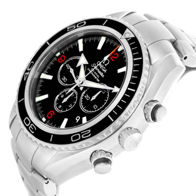 The image shows the Omega Planet Ocean 2210.51.00 Men
s Stainless Steel Black Dial 2210.51.00 Men
s Stainless Steel Black Dial watch from an angled side view, highlighting the dial, bezel, and crown.