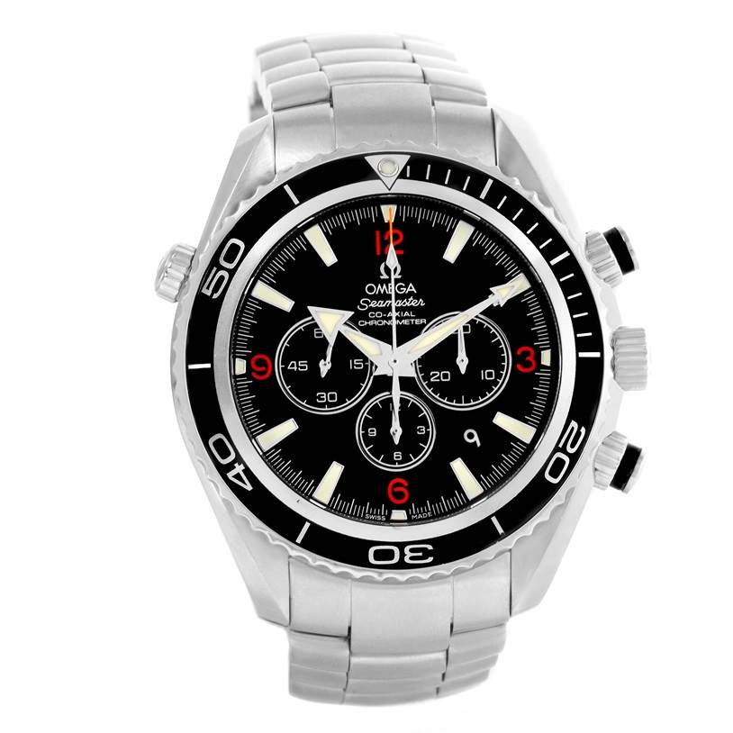 The Omega Planet Ocean 2210.51.00 Men
s Stainless Steel Black Dial 2210.51.00 Men
s Stainless Steel Black Dial watch is shown from a front angle, displaying its face, bezel, and stainless steel bracelet.