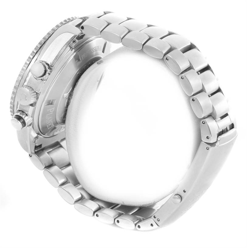 The image shows the back view of the Omega Planet Ocean 2210.51.00 Men
s Stainless Steel Black Dial 2210.51.00 Men
s Stainless Steel Black Dial watch focusing on the bracelet and case side.