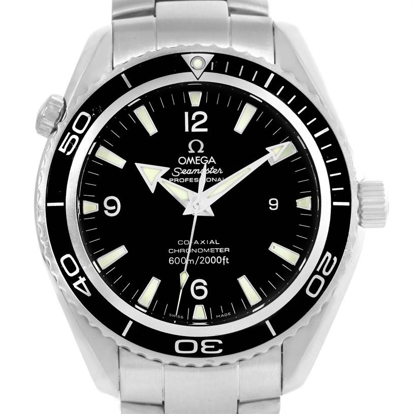 This is a front view of an Omega Seamaster Planet Ocean watch, showing the dial, bezel, and part of the bracelet.