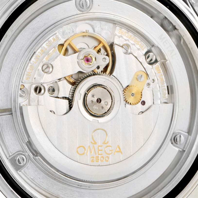 Close-up of the Omega Planet Ocean 2200.50.00 Men
s Stainless Steel Black Dial 2200.50.00 Men
s Stainless Steel Black Dial watch showing its intricate movement parts and Omega 2500 branding.