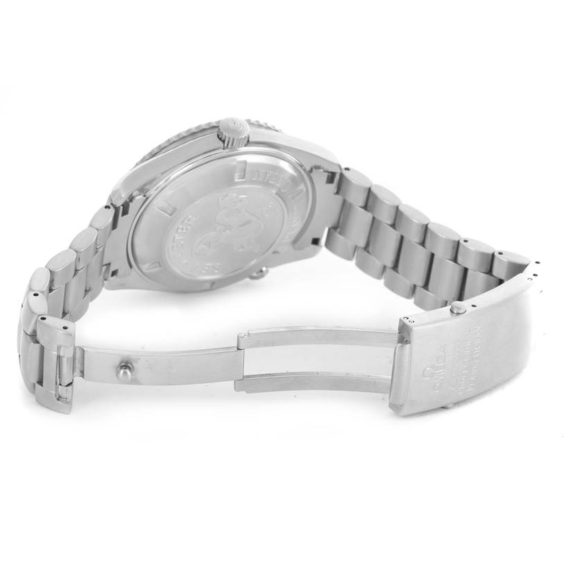 The image shows the back view and open clasp of the Omega Planet Ocean 2200.50.00 Men
s Stainless Steel Black Dial 2200.50.00 Men
s Stainless Steel Black Dial watch, highlighting the bracelet and case back.