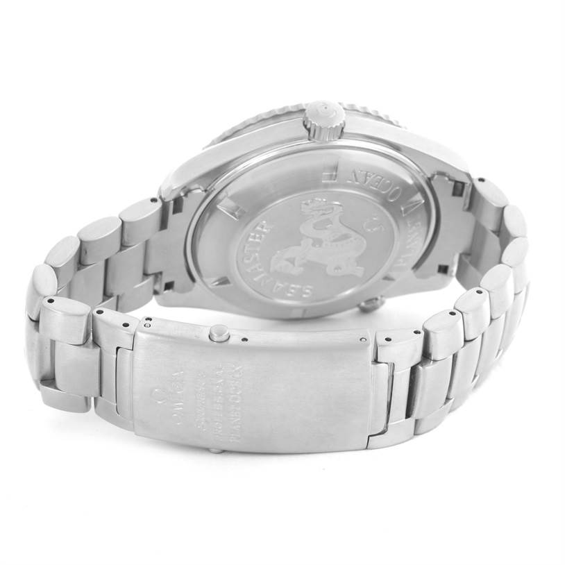 The image shows the back case, bracelet, and clasp of an Omega Planet Ocean 2200.50.00 Men
s Stainless Steel Black Dial 2200.50.00 Men
s Stainless Steel Black Dial watch from a rear angle.