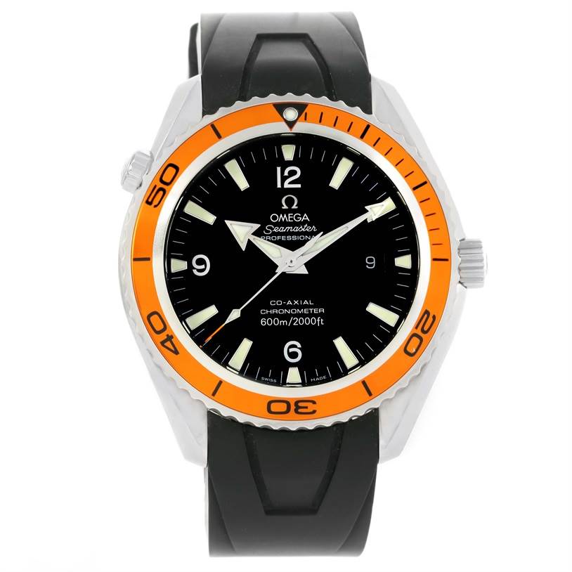 The Omega Planet Ocean 2200.50.00 Men
s Stainless Steel Black Dial 2200.50.00 Men
s Stainless Steel Black Dial watch is shown from a front angle, displaying the face, bezel, and strap.