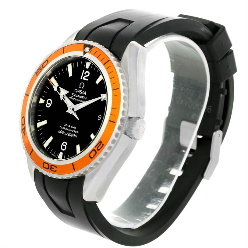 The image shows an angled view of the Omega Planet Ocean 2200.50.00 Men
s Stainless Steel Black Dial 2200.50.00 Men
s Stainless Steel Black Dial model, featuring the face, orange bezel, and black strap.
