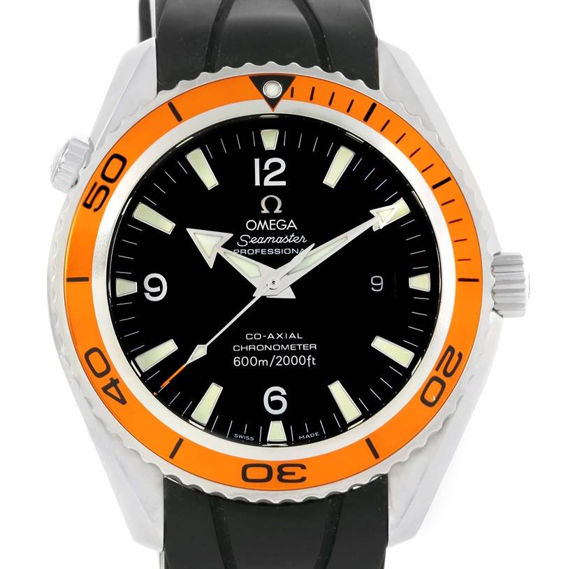 The Omega Planet Ocean 2200.50.00 Men
s Stainless Steel Black Dial 2200.50.00 Men
s Stainless Steel Black Dial watch is shown from the front, displaying its face, bezel, and part of its strap.