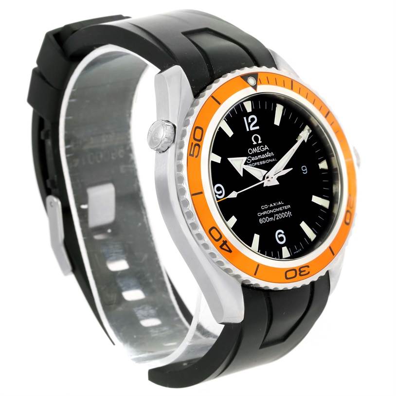The Omega Planet Ocean 2200.50.00 Men
s Stainless Steel Black Dial 2200.50.00 Men
s Stainless Steel Black Dial watch is shown at a slight angle, highlighting the case, orange bezel, dial, and black strap.
