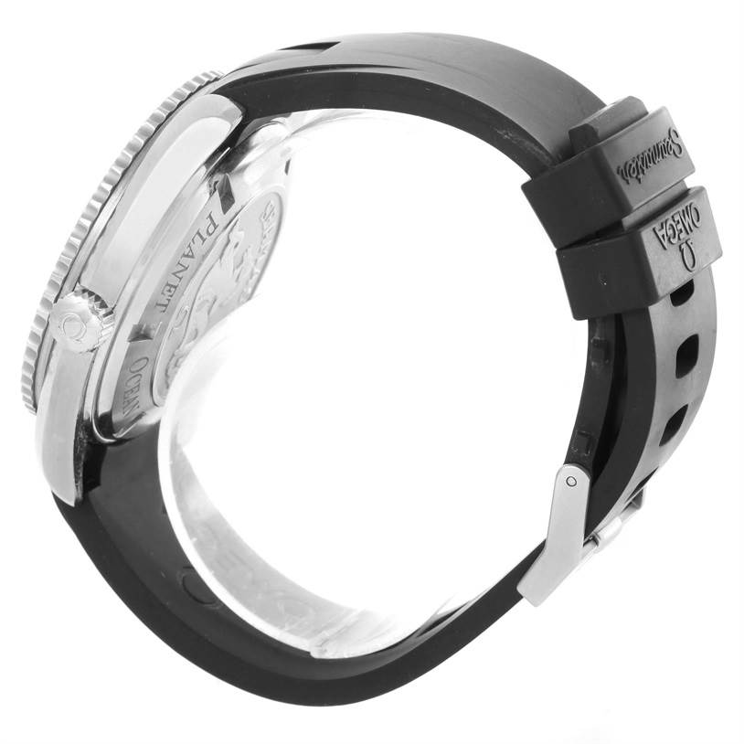 The image shows the side and back of the Omega Planet Ocean 2200.50.00 Men
s Stainless Steel Black Dial 2200.50.00 Men
s Stainless Steel Black Dial watch, highlighting the case, crown, and strap.