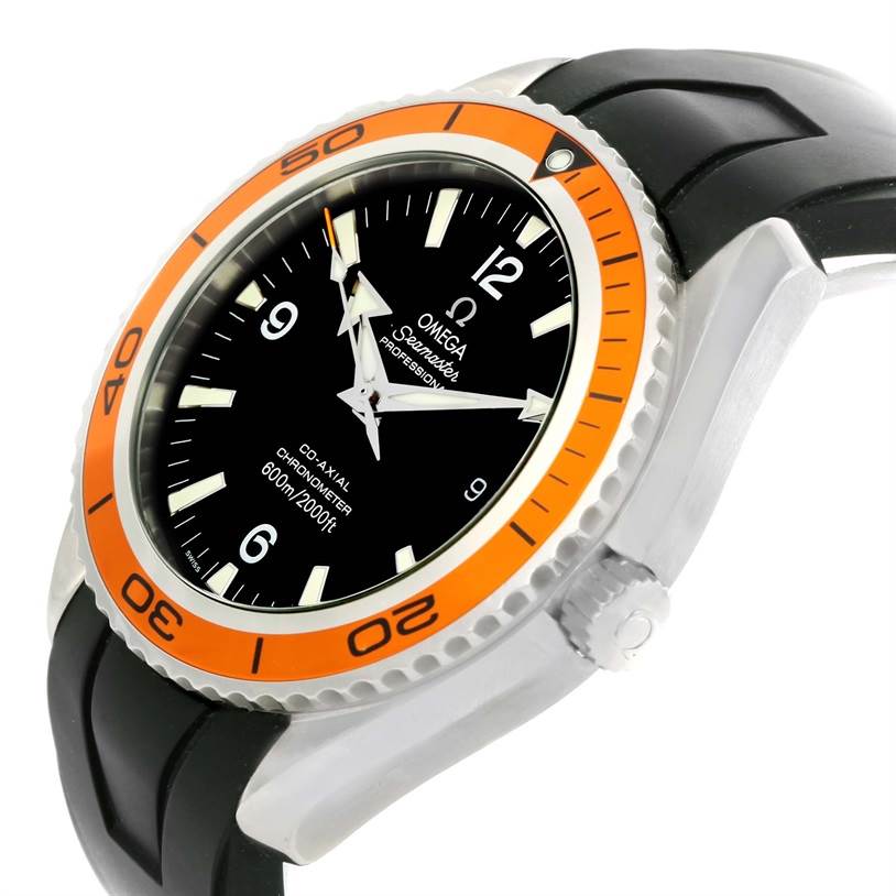 The image shows a side view of the Omega Planet Ocean 2200.50.00 Men
s Stainless Steel Black Dial 2200.50.00 Men
s Stainless Steel Black Dial watch with a visible bezel, crown, and strap.
