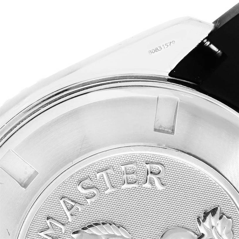 This close-up shows the back case detailing of the Omega Planet Ocean 2200.50.00 Men
s Stainless Steel Black Dial 2200.50.00 Men
s Stainless Steel Black Dial watch, highlighting the engravings.