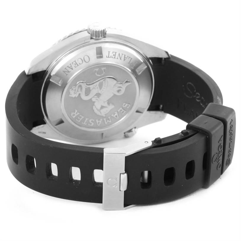 The image displays the back and strap of the Omega Planet Ocean 2200.50.00 Men
s Stainless Steel Black Dial 2200.50.00 Men
s Stainless Steel Black Dial watch, highlighting the case back and rubber strap.