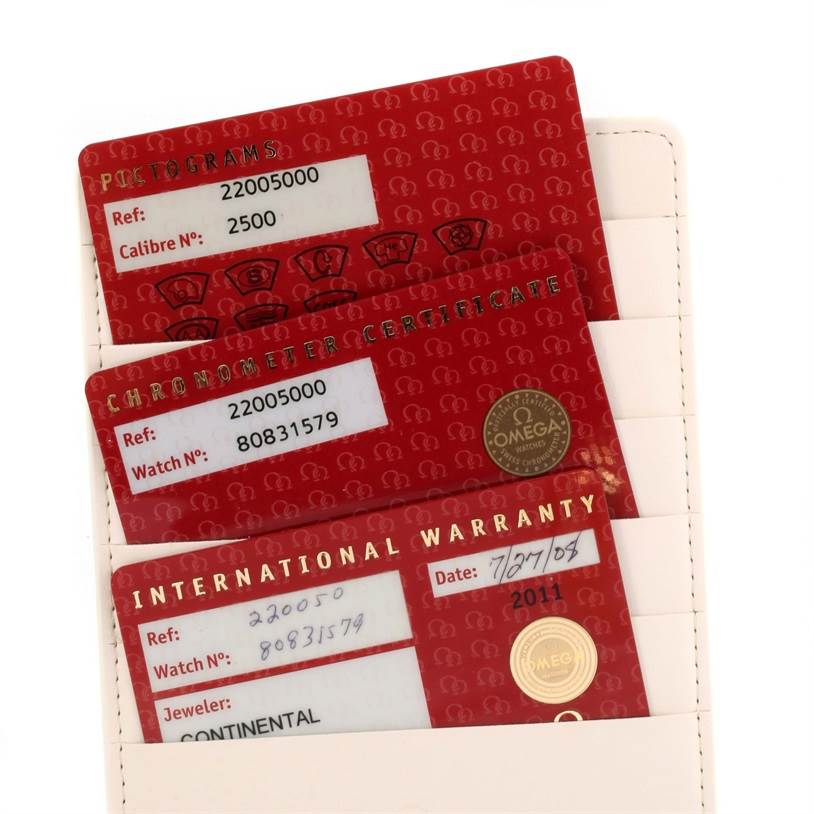 The image shows three Omega warranty and certification cards for the Planet Ocean model.