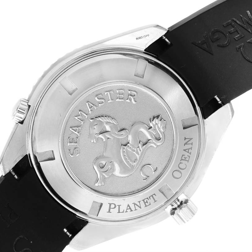 The image shows the back case of the Omega Planet Ocean 2200.50.00 Men
s Stainless Steel Black Dial 2200.50.00 Men
s Stainless Steel Black Dial Seamaster watch, highlighting the engraved logo and text.