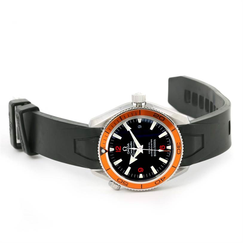 The Omega Planet Ocean 2909.50.91 Men
s Stainless Steel Black Dial 2909.50.91 Men
s Stainless Steel Black Dial watch is shown at a slight side angle, displaying its face, bezel, strap, and crown.