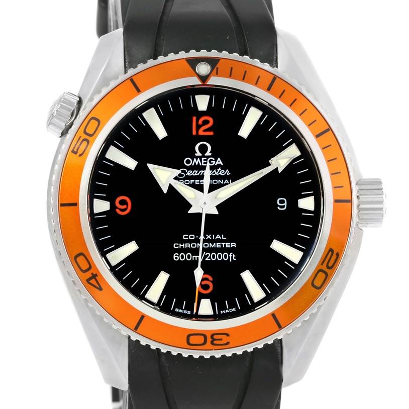 The Omega Planet Ocean 2909.50.91 Men
s Stainless Steel Black Dial 2909.50.91 Men
s Stainless Steel Black Dial watch is shown from the front, highlighting its black dial, orange bezel, and black rubber strap.