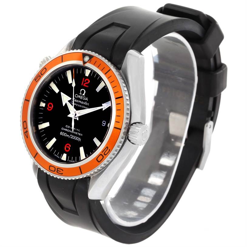 This image shows the Omega Planet Ocean 2909.50.91 Men
s Stainless Steel Black Dial 2909.50.91 Men
s Stainless Steel Black Dial watch at a three-quarter angle, highlighting the bezel, dial, and strap.