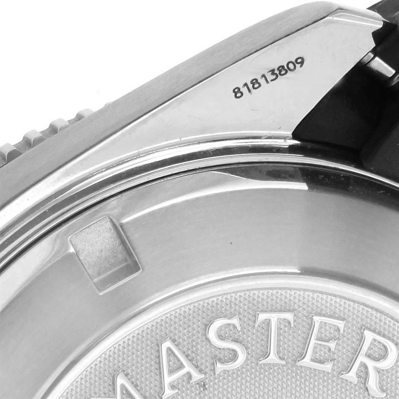 The image shows a close-up of the case back and part of the bezel of an Omega Planet Ocean 2909.50.91 Men
s Stainless Steel Black Dial 2909.50.91 Men
s Stainless Steel Black Dial watch.