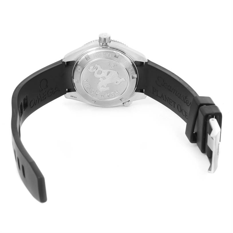 The image shows the back view of the Omega Planet Ocean 2909.50.91 Men
s Stainless Steel Black Dial 2909.50.91 Men
s Stainless Steel Black Dial watch, highlighting its case back and black rubber strap.