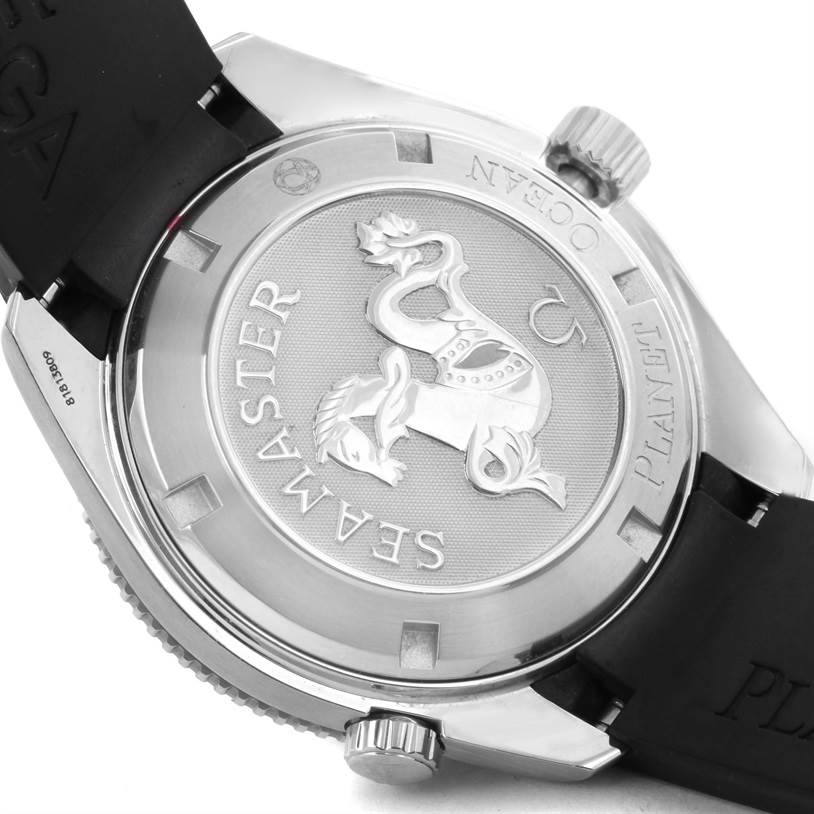The image shows the back case and crown of the Omega Planet Ocean 2909.50.91 Men
s Stainless Steel Black Dial 2909.50.91 Men
s Stainless Steel Black Dial watch, highlighting the "Seamaster" engraving.
