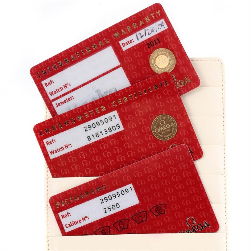 The image shows warranty cards for the Omega Planet Ocean 2909.50.91 Men
s Stainless Steel Black Dial 2909.50.91 Men
s Stainless Steel Black Dial model, including International Warranty, Chronometer Certificate, and Pictograms cards.