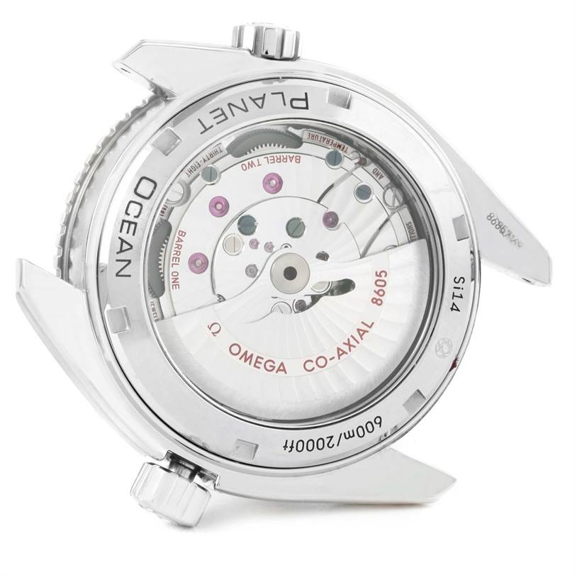 The image shows the back view of the Omega Planet Ocean 232.30.44.22.01.001 Men
s Stainless Steel Black Dial 232.30.44.22.01.001 Men
s Stainless Steel Black Dial watch, highlighting the exposed movement and inscription.