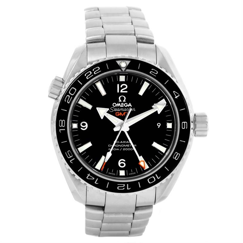 This image shows a front view of the Omega Planet Ocean 232.30.44.22.01.001 Men
s Stainless Steel Black Dial 232.30.44.22.01.001 Men
s Stainless Steel Black Dial watch, featuring the dial, bezel, and stainless steel bracelet.